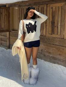 SHEIN Unity Cute Cat Embroidery Versatile Women Sweater - Beige - View 7