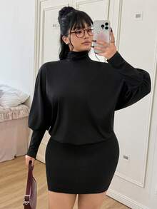 SHEIN EZwear Đầm suông hở lưng tay cánh dơi cổ cao thời trang cỡ lớn, phù hợp cho mùa xuân và mùa thu - màu đen - Xem 7