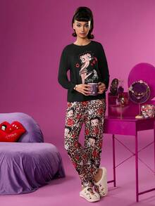 Betty Boop x SHEIN Bộ đồ ngủ nữ gồm áo dài tay màu đen in hình nhân vật hoạt hình và chữ cái, quần ống đứng họa tiết da báo, thích hợp cho mùa xuân/thu. - màu đen - Xem 5