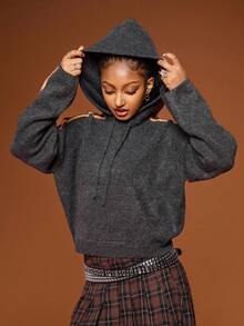 COUREZ 超大针织连帽衫，侧边条纹 / Y2K 秋冬女装，舒适秋冬女装，女士卫衣，新年毛衣，休闲家居服 - 深灰色 - 查看 5