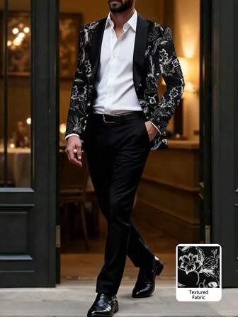 Manfinity AFTRDRK Men's Elegant Floral Pattern Suit Set, Ideal Gift For Friends, Boyfriends, Husbands Wedding Jacket For Men Luxury Clothes For Men Flowered Men Blazer Black And Gold Dress Shirt Men European Style Clothes Men Old Money,Daily Leisure, Weekend Trips, Outdoor Activities, Travel Expeditions, Relaxed Work Environments Or Semi-Formal Occasions, Boyfriend/Husband Gift, Anniversary /Birthday Gift Party Christmas New Years Wedding