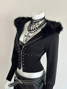 EgrlEra 修身铆钉性感拼接人造毛皮领卫衣 - 黑色 - 查看 1