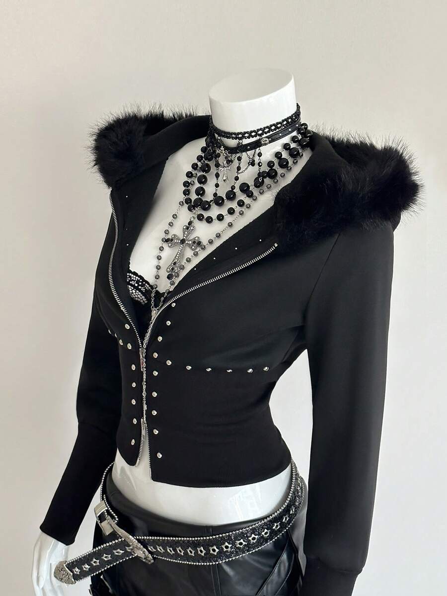 EgrlEra 修身铆钉性感拼接人造毛皮领卫衣 - 黑色 - 查看 1