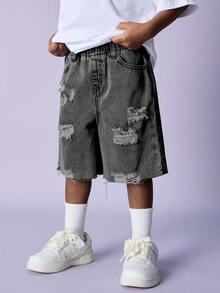 SHEIN 男童做旧休闲破洞浅蓝色宽松牛仔长款短裤，适合春夏日常穿着 - 黑色 - 查看 3