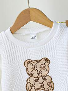 Infant/Toddler Boys' Classic Bear Pattern Embroidered & Letter Embroidered Crew Neck Textured Long Sleeve Top, And Patterned Cuffed Pants, Casual Versatile, Fashionable, Suitable For Spring, Autumn - Multicolor - View 6