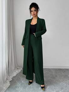 Elenzga 两件套：女士优雅翻领长袖长款外套搭配直筒裤两件套，精致优雅，适合办公室、通勤、街头风、法式浪漫、休闲、中东复古、下午茶、派对、感恩节、返校季、秋冬季等场合。 - 綠色 - 查看 6