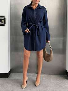 SHEIN Cottnline 女士长袖单排扣腰带设计休闲牛仔衬衫裙 - 深色水洗藍 - 查看 4