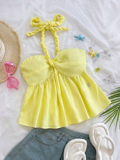  Soleia Women's Vacation Romantic Vacation Pea Green Halter Backless Camisole Top, Suitable For Beach, Seaside, Sexy Dates, Beach Vacations, Holidays, Afternoon Tea, Wedding Season, Parties, Cruise Vacations, City Vacations, Boho Vacation, Music Festivals, Can Be Worn Inside Or Outside, Suitable For All Seasons