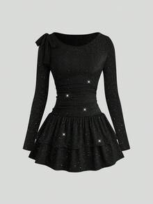 Sweetra Plus Size Women Crew Neck Ruched Vintage Romantic Bodycon Glitter Cute Minimalist Dress - Black - View 8