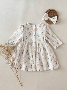 SHEIN 1pc Newborn Baby Girls' Round Neck Ruffle Trim Long Sleeve Soft Fabric Printed Cute Casual Dress/Skirt, Suitable For Spring/Summer Outings, Travel And Vacation - Apricot - View 2