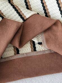 2pcs/Set Young BoyBaseball Collar Waffle Stripe Dinosaur Embroidery Top And Elastic Cuff Pants Casual Street Outfit, Autumn/Winter - Brown - View 7