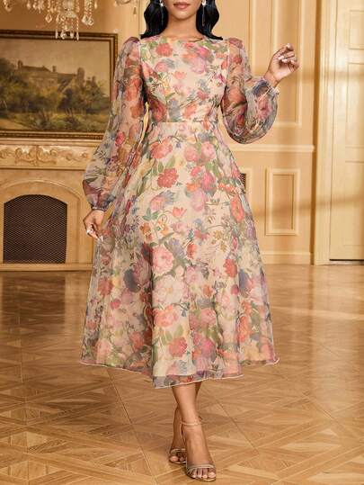 SHEIN Lady 女士印花圆领灯笼袖优雅连衣裙