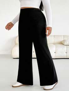 SHEIN Essnce Pantalon droit noir à taille élastique, confortable et polyvalent pour le quotidien, coupe minceur, pour femmes grandes tailles, vêtements de printemps - Noir - Voir 5