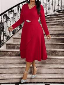 Fleurora 秋冬季优雅派对圣诞节情人节鸡尾酒会办公室音乐会/音乐节红色针织V领喇叭套头中长长袖加大码连衣裙圣诞连衣裙圣诞服装女士圣诞套装圣诞派对连衣裙圣诞女装新年连衣裙派对连衣裙优雅派对连衣裙婚礼派对连衣裙女士优雅连衣裙红色连衣裙女士 - 紅色 - 查看 3