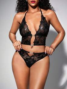 Floral Lace Halter Lingerie Set - Black - View 3