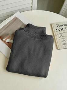 Franclia 时尚百搭高领厚款无缝修身长袖针织毛衣，百搭秋冬 - 深灰色 - 查看 3