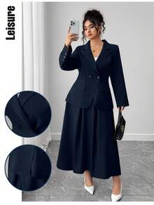 Elenzga 大码女士时尚双排扣收腰灰色西装外套和灰色长款百褶裙套装，秋季 - 藏蓝色 - 查看 1