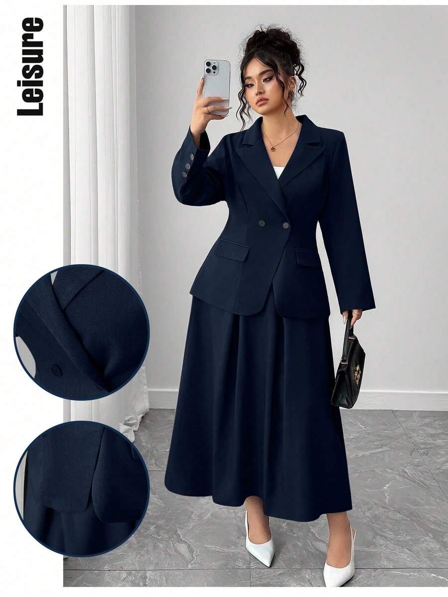 Elenzga 大码女士时尚双排扣收腰灰色西装外套和灰色长款百褶裙套装，秋季 - 藏蓝色 - 查看 1