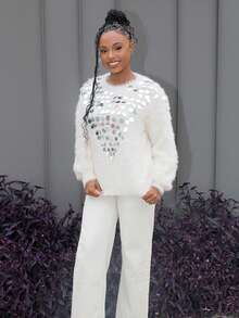 Steph T Elegancki, luksusowy, francuski sweter z norek z okrągłym dekoltem i haftem koralikowym