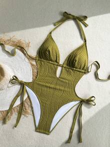 Soleia Áo tắm liền thân cỡ lớn dành cho nữ, màu xanh ô liu, chất liệu dệt jacquard, cổ chữ V, hở lưng, buộc dây phía trước. - màu xanh lá - Xem 3