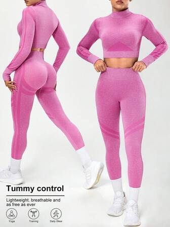 Seamluxe SHEIN Sport Conjunto deportivo de top corto con cuello alto y leggings para mujer