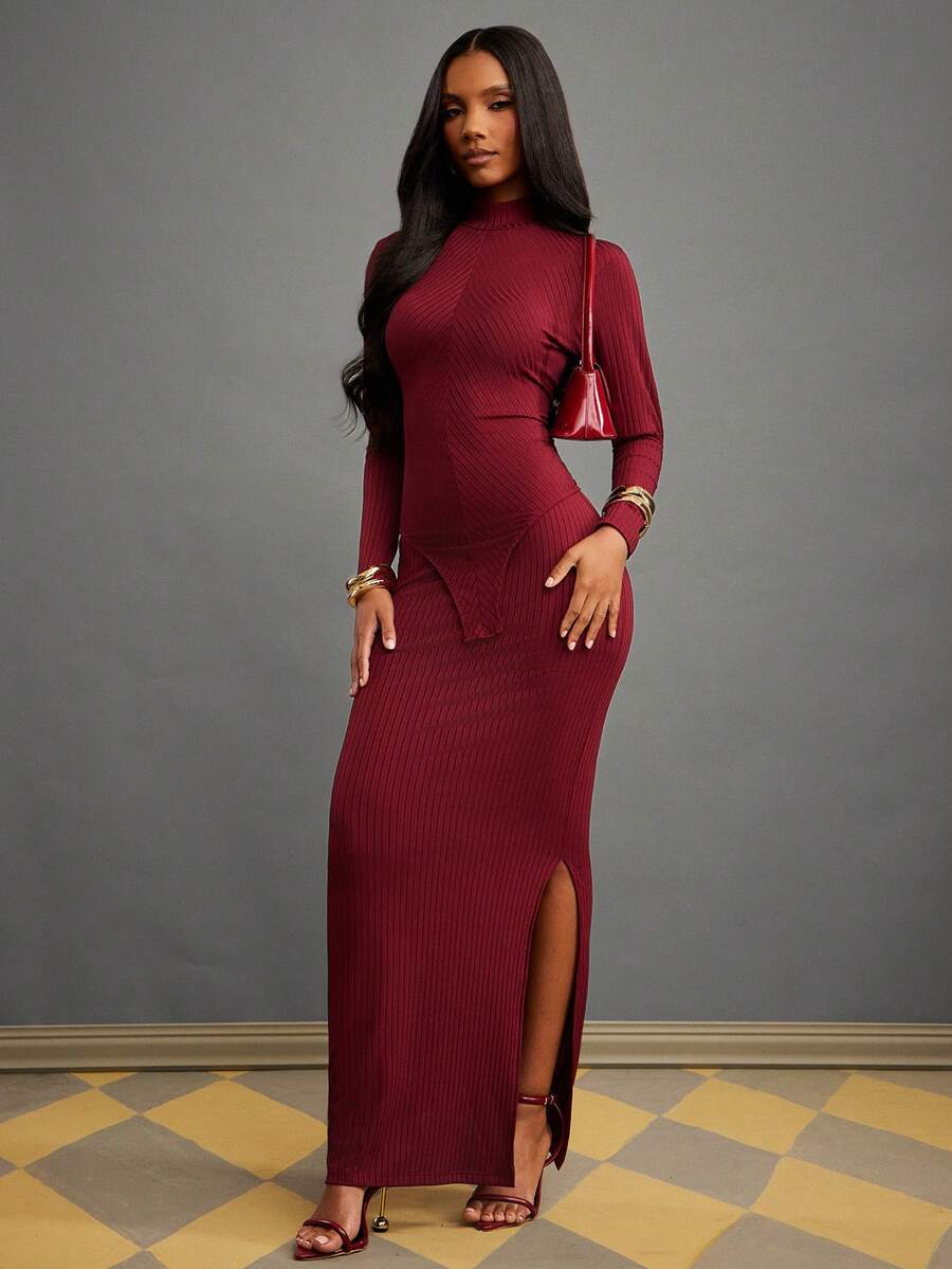 NYA SZN 配套套装（上衣和半裙）上衣长袖高领修身V领半裙高腰修身包臀酒红色节日庆典冬季春季圣诞节新年除夕光明节日常休闲商务休闲居家服针织罗纹针织女装 - 紅色 - 查看 1