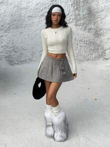 FavEase 女式休闲百搭绒球系带针织裙