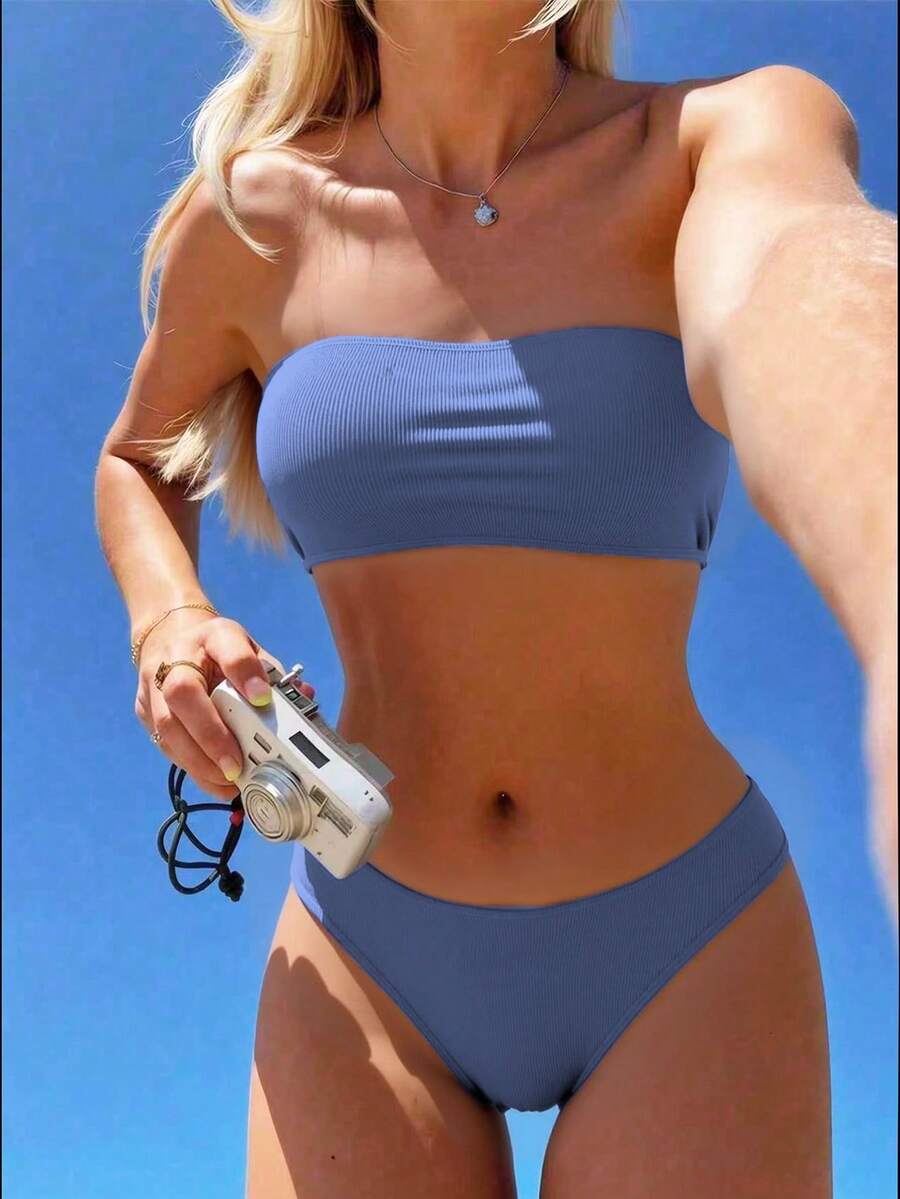 Swim Mod Summer Beach Women's Solid Color Bandeau Bikini Set With Ribbed Texture - Blue - View 1