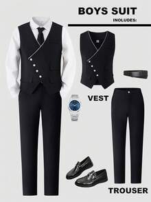 2件套青少年男童高端优雅时尚简约绅士不对称马甲+休闲裤套装