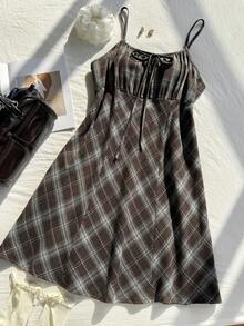 Comfortcana 大码女式休闲复古蓝棕色格子吊带连衣裙 - 棕色 - 查看 4