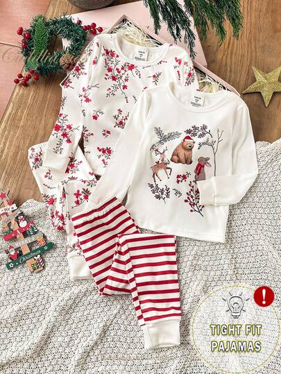 4 件套女童圣诞毛绒针织面料可爱动物图案长裤和长袖舒适睡衣套装