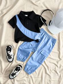 SHEIN Playful Pals 男婴休闲拼接短袖polo衫套装，包含一件纯绿色弹力腰工装裤，适合户外运动、休闲外出、购物和旅行，适合6个月至2-3岁的男婴。这款男婴街头风套装，浅蓝色，尽显男婴街头风情。 - 彩色 - 查看 3