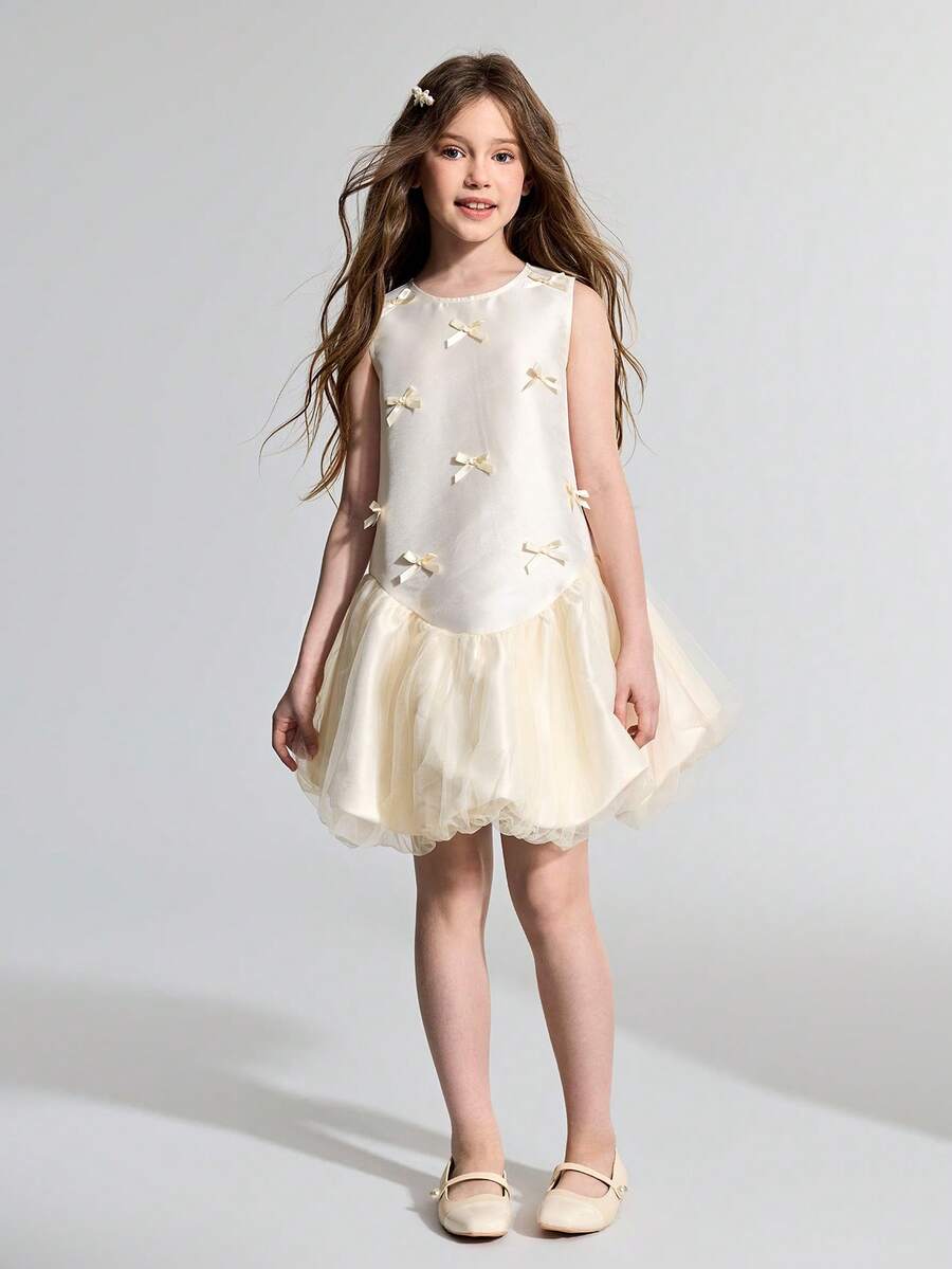 Maija Kids Maija Kids Elegant Sleeveless Bow Decor Floral Bud Dress For Teen Girls - Apricot - View 1