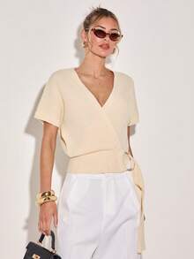 COSMINA Women's Cream Color Batwing Short Sleeve Wrap Casual Loose Knit Top - Light Yellow - View 5