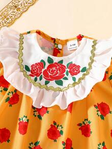 SHEIN Đầm ngắn tay bồng màu cam in họa tiết hoa hồng phối ren trắng cho bé gái sơ sinh, kiểu dáng mùa hè mới, thích hợp cho tiệc tùng, họp mặt, dạ hội và mặc hàng ngày. - Màu vàng - Xem 7