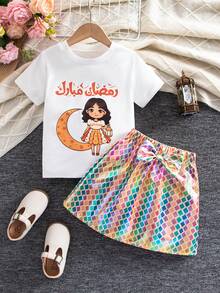 Sparklyn 2pcs/Set Toddler Girls' Cute Printed Short Sleeve Round Neck T-Shirt + Printed Skirt Casual Versatile Spring/Summer Outfit Skirt Summer Sets For Girls Kid Set Skirt And T Shirt Birthday Outfits For Girls Skirt Girl Shirt And Skirt Set Rainbow Skirt Kids - Multicolor - View 3