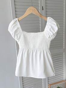 Tween Girl Casual Solid Color Short Sleeve Blouse - White - View 2