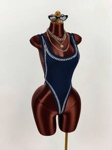 Amplova Sexy Rhinestone Embellished Backless Bodysuit For Women Navy Blue Bodysuit - Navy Blue - View 7