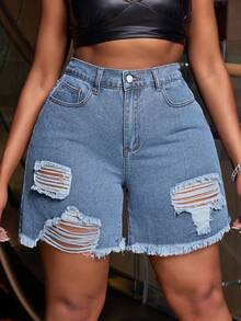 Slaydiva Plus Size Women Pockets Distressed Frayed Hem Fashionable Versatile Vacation Party Denim Shorts - Light Wash - View 1