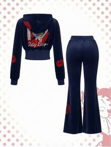 Betty Boop | ROMWE Bộ áo hoodie và quần nhung họa tiết Betty đính đá lấp lánh phong cách Y2K. - Màu xanh hải quân - Xem 2