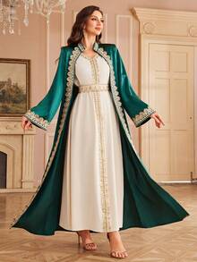 Al Najma 2pcs Satin Olive Green & Gold Embroidered Ribbon, Luxurious & Elegant For Party & Holiday Kaftan Jalabiya Dress