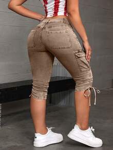 SHEIN ICON Quần jean lửng dáng rộng dành cho nữ cỡ lớn, có túi hộp và dây rút. - màu nâu - Xem 3