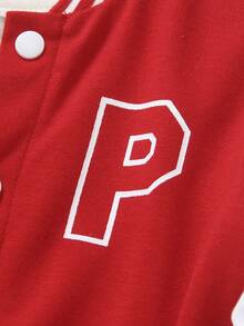 SHEIN Genkimix Kids 4-7 Years Old Boys' Collegiate Baseball Jacket 2-Piece Set - Black Knit Cardigan Baseball Jacket With White Sleeves, Letter "P" Print, Matching Printed Sweatpants With Ribbed Collar, Cuffs And Hem, Comfortable And Casual, Suitable For Spring/Autumn, Daily Wear, Sports, School, Travel - Burgundy - View 5