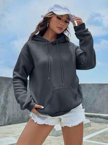 EURMUSE Cotton Solid Drawstring Pocket Detail Thermal Lined Hoodie - Dark Grey - View 3