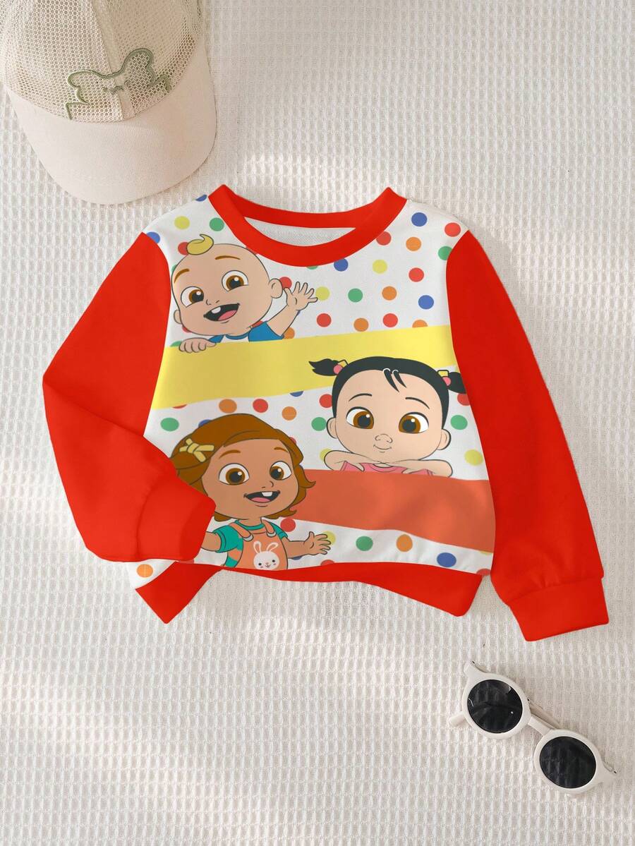 CoComelon X SHEIN Baby Girl Casual Colorblock Cartoon Pattern Crew Neck Sweatshirt, Autumn - White - View 1