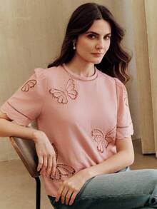 Anewsta Women's New Arrival Pink Short Sleeve Elegant Luxurious Butterfly Embroidered T-Shirt - Pink - View 2