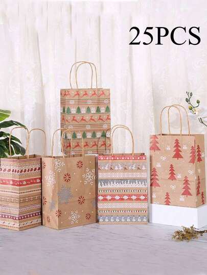 25pcs Christmas Gift Bags With Handles, Kraft Paper Gift Bags With Christmas Prints, Christmas Gift Bags With Handles, Christmas Gift Tags, Suitable For Mother, Father, Sister, Grandparent - Christmas Gift Supplies