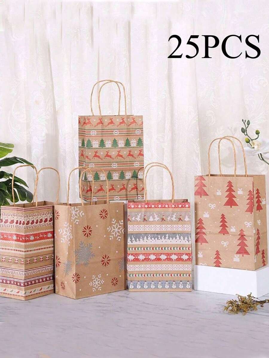 25个带提手的圣诞礼品袋，牛皮纸材质，印有圣诞图案，附赠圣诞礼品标签，适合送给母亲、父亲、姐妹、祖父母等——圣诞礼品用品 - 彩色 - 查看 1