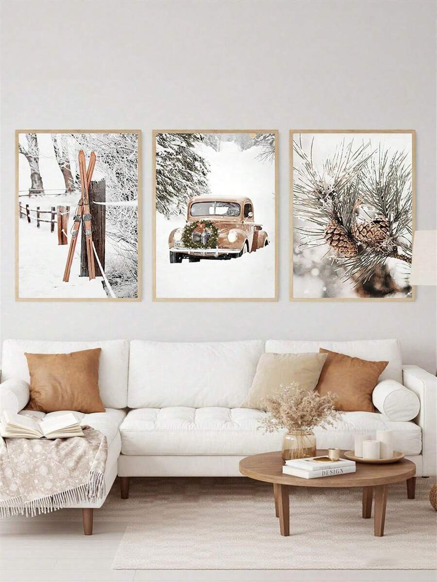 装饰艺术画,现代户外冬季雪景滑雪板、花环、松果和干果,简约家居装饰墙画,适用于客厅卧室,礼品,三联帆布画(不含画框) - ML832(不含框) - 查看 1
