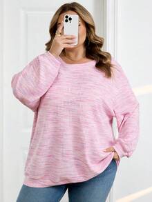SHEIN CURVE+ 大码女式彩色华夫格针织套头卫衣，秋冬季 - 粉色 - 查看 7